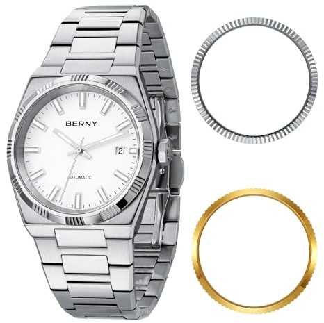 BERNY Automatische Uhren für Männer Mechanische Armbanduhr 5ATM Wasserdicht Männlich Klassische Anzug Uhren Super Leuchtend Datum Kalender Silber Uhr Kommt mit 2 zusätzlichen Lünetten