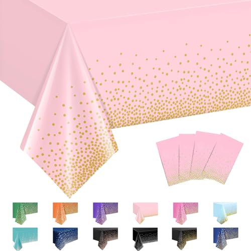 MORAINJAY 4 Stück Hellrosa und Goldpulver Party Rechteckig Tischdecke, 137x274cm Dot Confetti Wasserdicht Fleckschutz Tischdecken für Geburtstagsfeier, Hochzeit, Weihnachten, Kindergeburtstag