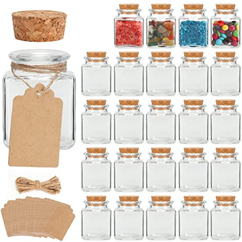 24 Pcs 50ml Mini Glass Bottles with Cork Stoppers, DIY Decoration Tiny Square Glass Jars, Mini Vials Cork, Message Wishing Bottle with Label Tags and String for Arts Crafts, Decoration, Party Favors