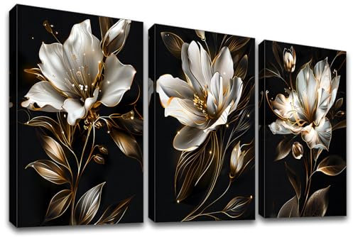 3 Pcs Schwarz Goldene Lilien Mit Rahmen Leinwand Bilder Goldene Blumen und Blätter Bild auf Leinwand Malerei Wandbilder Wanddeko Speisesaal Wohnzimmer Schlafzimmer Dekorationen 150x70cm (20x28x3pcs)