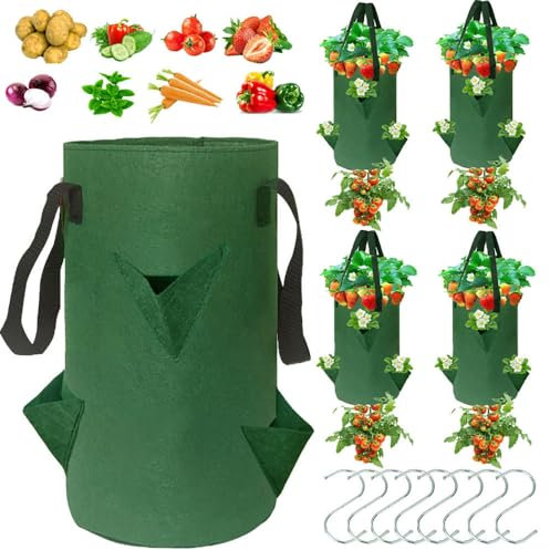 Lesimnky Planter, 3 Gallon Upside Down Hanging Grow Bags, 4 Pack, Dark Green, Planting-Grow Bags for Indoor Outdoor Strawberry Tomato Vegetables, 1 inch