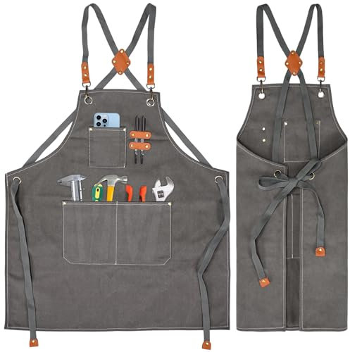 KOOOGEAR Multifunktionale Schürze aus Segeltuch,Arbeitsschürze,Schweisserschürze,Grill Kochschürze,erstellbarem Gürtel Geeignet Leinenschürze geeignet für Küche, Garten, Schmiede, Werkstatt (Grau)