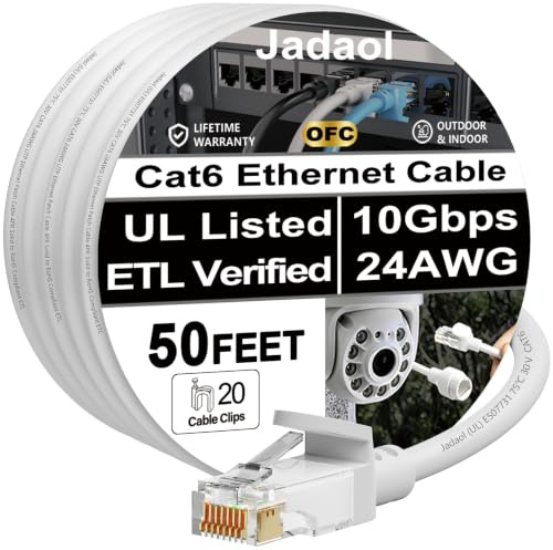 Cat 6 Outdoor Ethernet Cable 50 ft, Support Cat8/7 Network, 10Gbps 550MHz, 24AWG Pure Copper, Direct Burial Waterproof In-Ground UV Resistant LAN Internet Patch Cable for Router, Modem, Switch, White