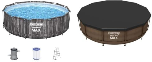 Bestway Steel Pro MAX Frame Pool-Set mit Filterpumpe Ø 366 x 100 cm, Holz-Optik (Mooreiche), rund & 58037 Abdeckplane für Frame Pool, Blau, Durchmesser 366 cm