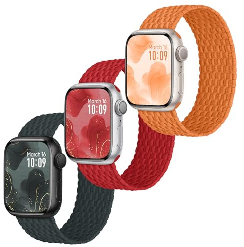 Raradev 3 Stück Geflochten Armband Kompatibel mit Apple Watch Armband 42mm 41mm 40mm 38mm, Elastisch Nylon Band Solo Loop Sport Armbänder für iWatch Series 10 9 8 7 6 5 4 3 2 1 SE, XS 125mm