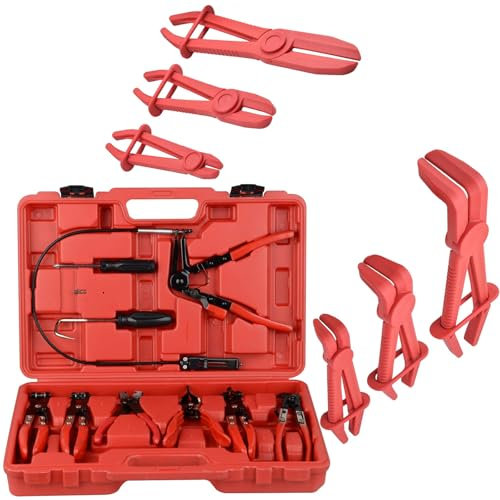 KOUTIANWU 9tlg Schlauchschellenzange und 6 Stück Schlauchklemmen Zange Set, Schlauchklemme kfz werkzeug, Schlauchklemmenzange Schlauchschellen Zange Achsmanschette Zange (Rot)