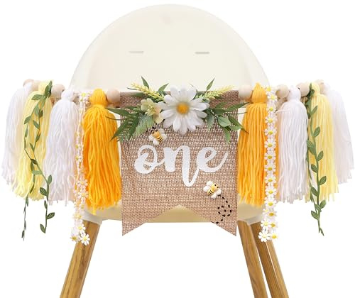 Bee Theme 1st Birthday High Chair Banner - First Bee Day Birthday Decorations, Bee and Daisy One Birthday Highchair Tassel Banner, Happy Bee Day 1st Birthday Decor