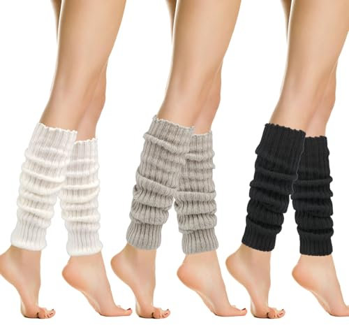 Hopton 3 Pairs Leg Warmers Ladies, Knitted Leg Warmer for Women, Calf warmers, Chunky Winter Long Warmers Ladies, Fashion Leg Warmer for 80s Ballet Dance Ice Skating Yoga Party(Black,White,Grey)