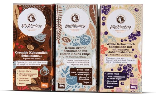 Elly Momberg Schokoladentafeln TRIO 3x80g - Vegan Schokolade, ohne Zuckerzusatz, Lower Carb, ohne Sucralose + Maltit Mix mit Mandel, Kokosmilch & Cranberry, Keto Schokolade, Glutenfrei