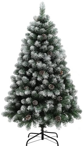 HOMCOM 5ft Artificial Pine Christmas Tree with 489 Branch Tips and Steel Base, Realistic Hinged Tree with Pinecones, Holiday Décor for Home Office, Green