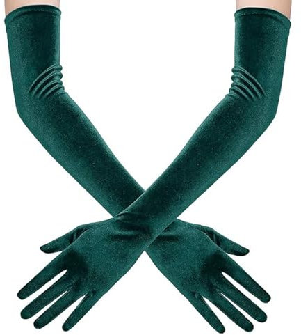 Vbxvsa Lange Handschuhe Damen Samthandschuhe Ellenbogenlänge Fäustlinge 1920er Stil Klassische Oper, Party, Erwachsene Kostüm Zubehör (Dunkelgrün)