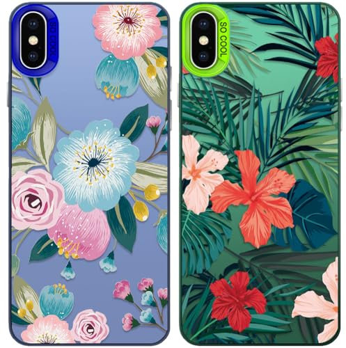 Tedyhulle Pack of 2 Mobile Phone Case for iPhone X/XS, Tropical Leaves Floral Pattern, Soft TPU Bumper with Hard PC Case, Shockproof Scratch-Resistant Protective Case, Blue and Green