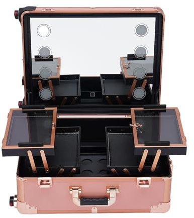 Kosmetikkoffer, 67.5x51x29cm Schminkkoffer mit 4 Rollen & Beleuchtung & Spiegel, Profi-Schminkstation für professionelle Visagisten, Friseure, Nageltechniker, Kosmetikerinnen in Schönheitszentren