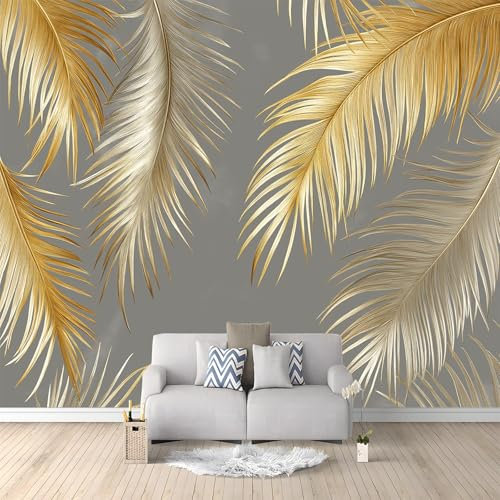 Feuilles De Palmier Dorées Papier peint intissé 400x280 cm Or Gris Tissu non tissé Tableaux Muraux Tapisserie Photo Décoration Murale Salon Chambre