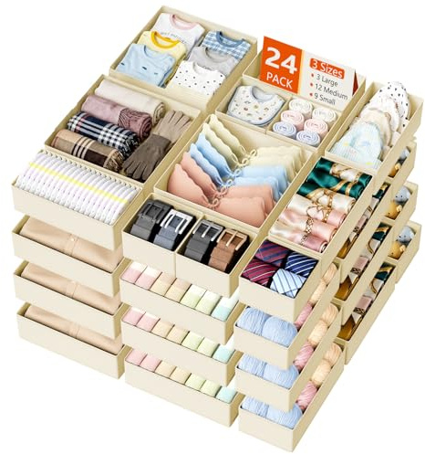DIMJ 24 Pack Bedroom Drawer Organizer Clothes Newborn Essentials, Beige | Non-Woven Material Organiser Safe For All Fabric Types Including Baby Clothes, Bra, Underwear, Sock, Tie, Scarve