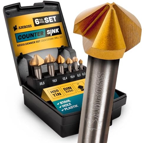 Kegelsenker Set 6tlg. 6,3-20,5 mm HSS TiN/DIN 335C / Amboss Werkzeuge Senker für Eisen, Stahl, Metall, NE-Metall, Holz, Kunststoff/Profi Senkkopfbohrer für Bohrmaschinen und Akkuschrauber