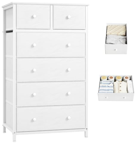 Somdot Kommode für Schlafzimmer, 6 Schubladen, Runde Griffe, Weiß | Komodenschrank, Stoffkommode, Stoffschubladen, Wohnzimmer, Metallrahmen, Holzwerkstoffplatte, 40T x 60B x 102,5H cm