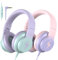 2 Pack Kids Headphones, Wired Headphones for Kids Over Ear with Microphone, 85/94dB Volume Limiter Headphone for Girls Boys, Foldable Headphone for Learning & Entertainment Gradient Pink+Purple