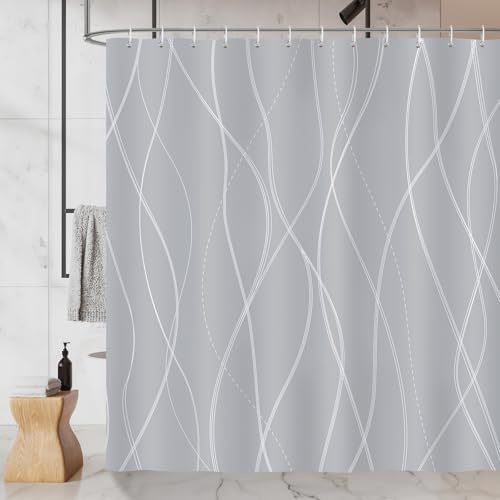 COZZSNUGE Rideau de Douche Rayures Modernes, Rideau de Baignoire Gris Blanc Rayé 180 x 180 cm Polyester Imperméable Résistant à la Moisissure 12 Crochets