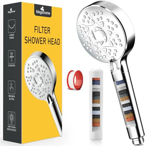 Magichome Soffione doccia con filtro a 20 livelli di filtrazione, 6 tipi di getto, soffione doccia a risparmio acqua, universale ad alta pressione, addolcisce l'acqua dura con accessori extra