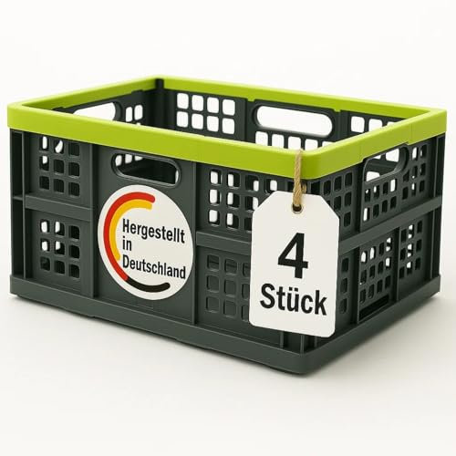 BigDean Klappbox faltbar & extrem stabil aus robustem Kunststoff in Anthrazit – Klappkorb ideal für Einkäufe und Transport – Einkaufskiste Made in Germany (4er Set)