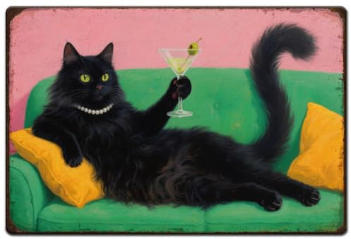 SUPERDANT Cartel de metal con diseño de gato negro con lata de cóctel retro para decoración de pared de hierro Letrero de Lata para sala de estar cocina bares restaurantes cafeterías 30x20cm