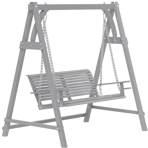 Outsunny 2 Seater Garden Swing Seat, Wooden Swing Chair Bench with Cup Holders for Outdoor Porch Patio, Grey