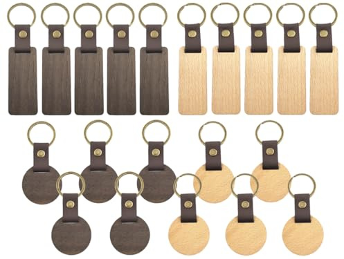 Abiyou Schlüsselanhänger Holz, 20 Stück Blanko DIY Holz Schlüsselanhänger, Leder Wooden Schlüsselringe, Holz schlüsselanhänger Rohlinge, für Dekoration, DIY Schlüsselring (Rund + Rechteck)