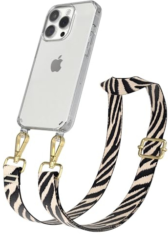 EAZY CASE Handykette - Verstellbares Taschenband kompatibel mit iPhone 15 Pro, Schulterriemen, Handykordel mit Silikon Hülle, Umhängetasche, Zebra - Schwarz Beige Gold