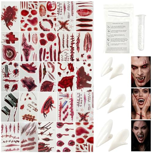 Nhgkju Halloween Vampirzähne-Set mit Kunstblut, 20+ Wunden-Aufkleber, Spezialkleber, Theaterschminke-Effekte, Weiß und Rot