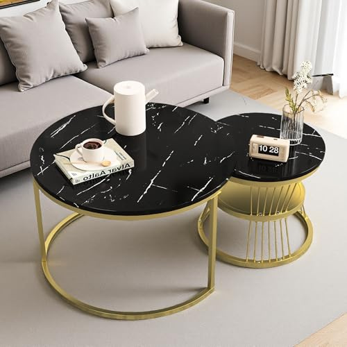 DAHUEN Couchtisch Rund 2er Set, Beistelltisch Set Sofatisch mit Gold Metallgestell und Weiß Marmor Tischplatte, für Wohnzimmer, Schlafzimmer, Büro, Balkon (Gold (c), 70×70×45.5cm)
