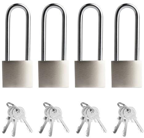 4 Stück Vorhängeschloss Langer Bügel, Vorhängeschlösser mit Schlüssel, Sicherheitsschloss für Gepäck Schränke Schließfächer Spinde Koffer Schloss, 32mm Vorhängeschloss Gleichschließend