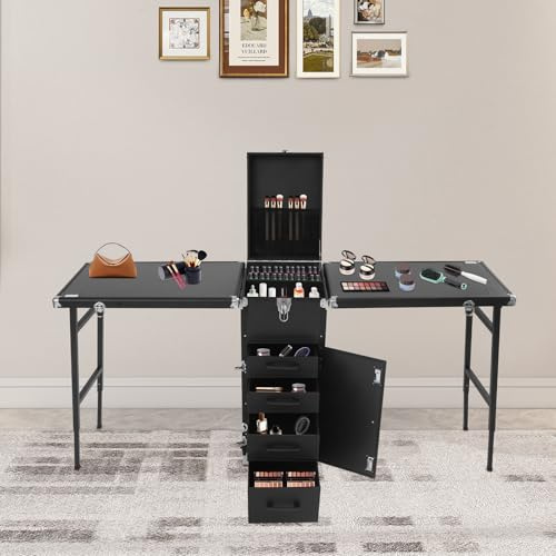 HINOPY Maniküre Tisch Nageltisch, Maniküretisch aus Aluminiumlegierung, Faltbar Mobiler Kosmetikkoffer mit 4 Schubladen, Tragbarer Nageltisch für Nagelstudio Mobile Einsätze, bis 100 kg (Schwarz)