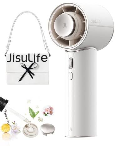 JISULIFE Mini ventilatore turbo portatile con pelle sintetica di alta qualità - Fino a 30 ore di tempo di raffreddamento - Velocità da 1 a 100 - Ventilatore USB per il viaggio - Bianco