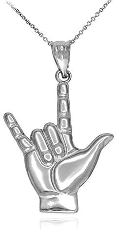 925 Sterling Silver I Love You Hand Sign Language Charm Pendant Necklace, 18