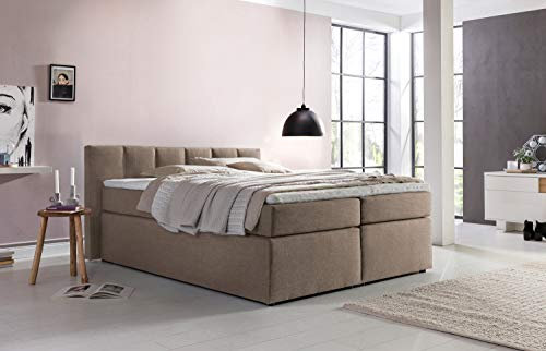 Furniture for Friends Doluna Valina Boxspringbett 140x200 cm H2 in Beige/Grau niedriges Kopfteil 90 cm Ideal für Dachschrägen inkl. Visco Topper + 7 Zonen Taschenfederkern-Matratze