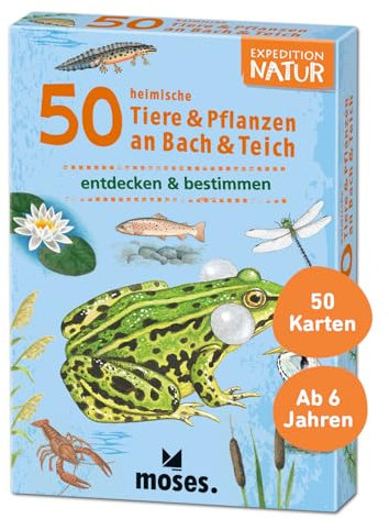 Moses 9761 Expedition Natur - 50 heimische Tiere und Pflanzen an Bach und Teich| Bestimmungskarten im Set | Mit spannenden Quizfragen, White