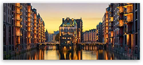 ge Bildet Bild auf Leinwand | Wasserschloss in der Speicherstadt - Hamburg D in 120x50 cm als Panorama Wandbild XXL | Wand-deko Dekoration Wohnung modern Bilder | 2211