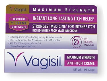 Vagisil Maximum Strength Feminine Anti-Itch Cream with Benzocaine for Women, Helps Relieve Yeast Infection Irritation, Gynecologist Tested, Fast-Acting, Soothes and Cools Skin, 1 oz