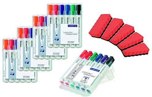 5er Set Staedtler 351 B WP6 Board-Marker Lumocolor whiteboard marker, Staedtler 5 Boxen mit je 6 Farben und 5 Boardlöscher rot