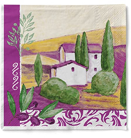 Sovie HOME Serviette PROVENCE aus 3-lagigem Tissue, 33 x 33cm, 1/4 Falz, 20 Stück, mediterranes Design weiße Villa Zypressen Lavendel Hügel, saugstarke Einwegserviette