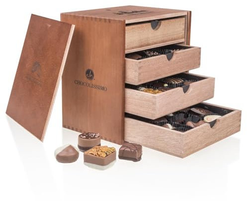 CHOCOLISSIMO - Schokolade Geschenk - 40 handgemachte Pralinen im Holzkästchen, ohne Alkohol - Weihnachtsschokolade, Geschenk zu Weihnachten, alkoholfrei - für Kinder, Frauen, Männer - Merry Massimo