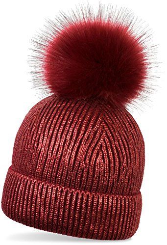 styleBREAKER warme Metallic Strick Bommelmütze mit abnehmbarem Kunstfell Bommel, Winter Fellbommel Mütze, Damen 04024138, Farbe:Bordeaux-Rot
