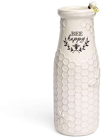 Young's Inc. Ceramic Flower Vase (Bee Happy) - White Ceramic Vase - Honeycomb Decor - 3 L x 3 W x 8 H Contains one Flower vase