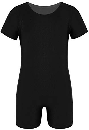 iEFiEL Unisex Kinder Jungen Mädchen Kurzarm Turnanzug Gymnastikanzug Trikot Leotard Basic Einfarbig Tanzbody Gymnastikbody Turnbody für 4-14 Jahre Schwarz 116