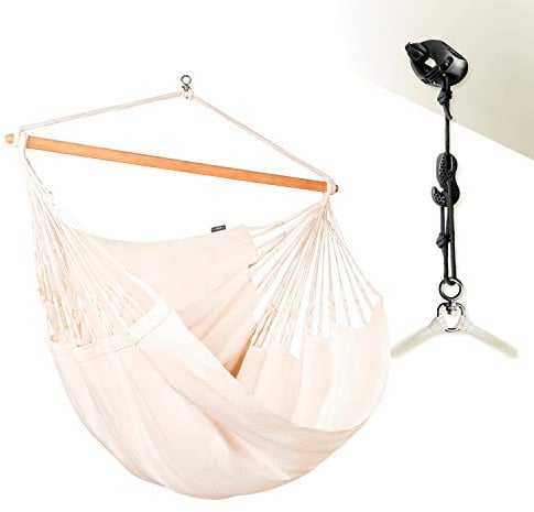 LA SIESTA®- Habana Hängesessel Kingsize + Befestigungsset für Entspannung & Stil: 360° Drehgelenk, hochwertiges Bambusholz - GOTS-zertifizierte Baumwolle Familien, Paare(Latte)