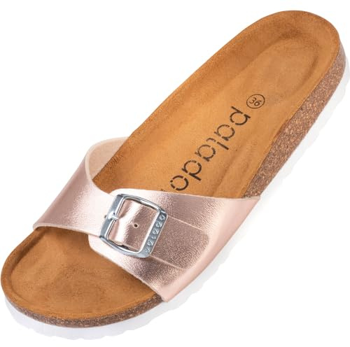 Palado Pantoletten Damen Malta Metallic – Sandalen Made in Spain - elegante Hausschuhe mit Kork-Fußbett - modische Sommerschuhe Rose/Silber UK9 - EU42