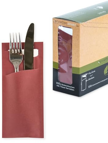 PRIME GUEST Bestecktasche Prime Fit 85x190mm Serviettentasche mit 2-lagiger Tissue-Serviette in Weiß ideal für Gastronomie und Feiern (Bordeaux, 100 Stück)