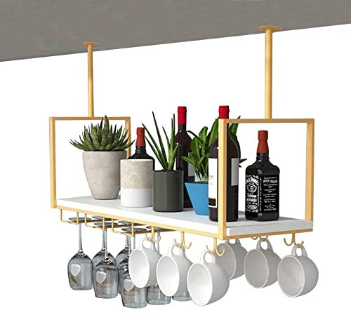 Étagères suspendues au plafond Porte-bouteilles Porte-verre à vin Porte-casseroles de cuisine, Étagère de rangement flottante en bois et métal pour organiser des tasses Ustensiles de cuisine, Doré ( S