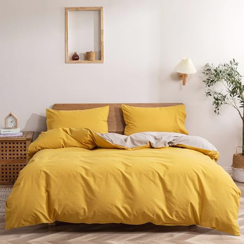 GETIYA Einfarbig Bettwäsche 200x220cm 3 Teilig Dunkel Gelb Khaki Wende Bettwäsche Set Doppelbett Natürlich Baumwolle Bettwäsche mit 2 Kissenbezug 80x80cm Erwachsene Einfarbig Bettbezug